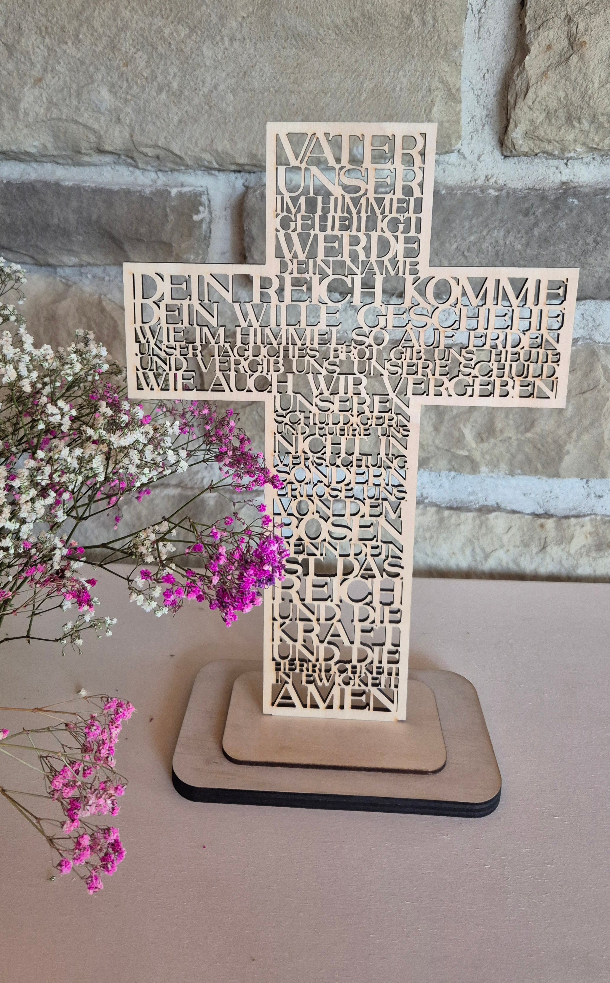 Holz-Aufsteller „Vater Unser“ – Kreuz aus Birkenholz mit Sockel