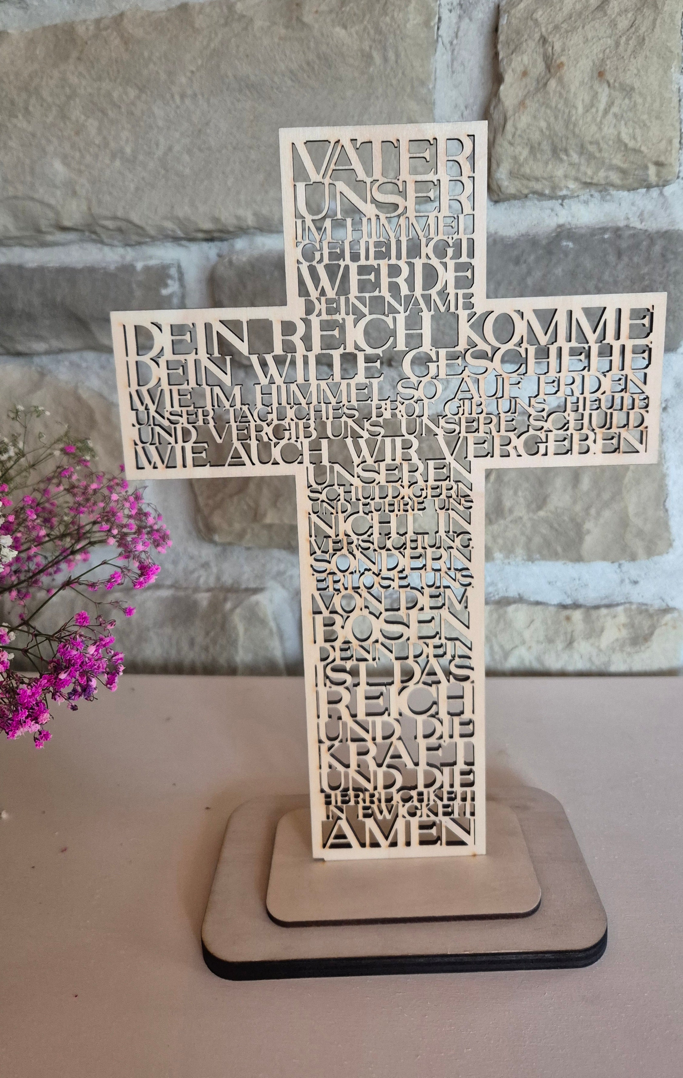Holz-Aufsteller „Vater Unser“ – Kreuz aus Birkenholz mit Sockel