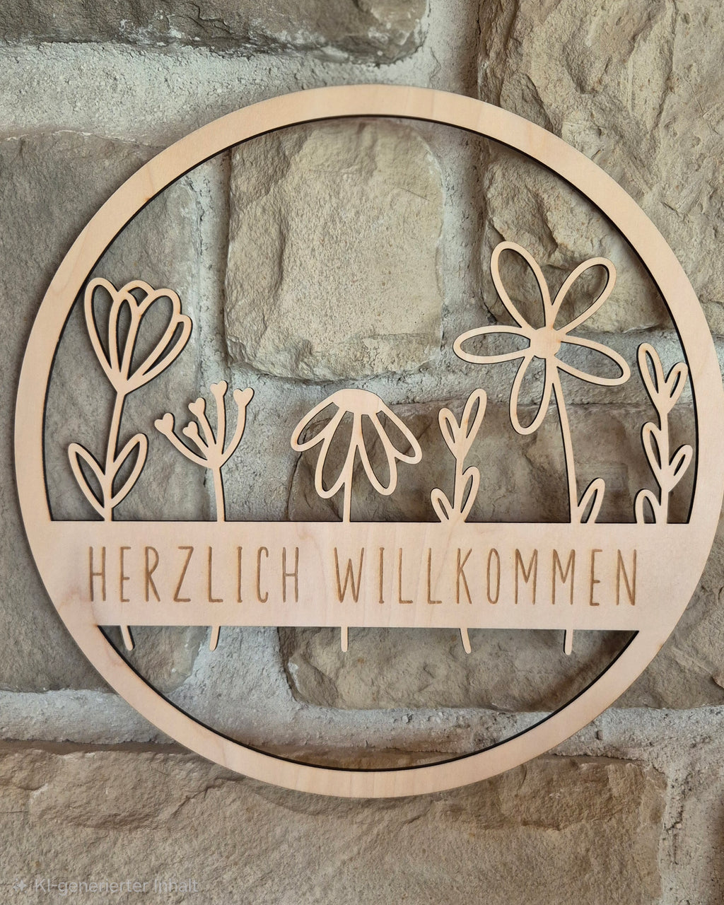 Holz Türkranz „Herzlich Willkommen“ mit Blumenmotiv