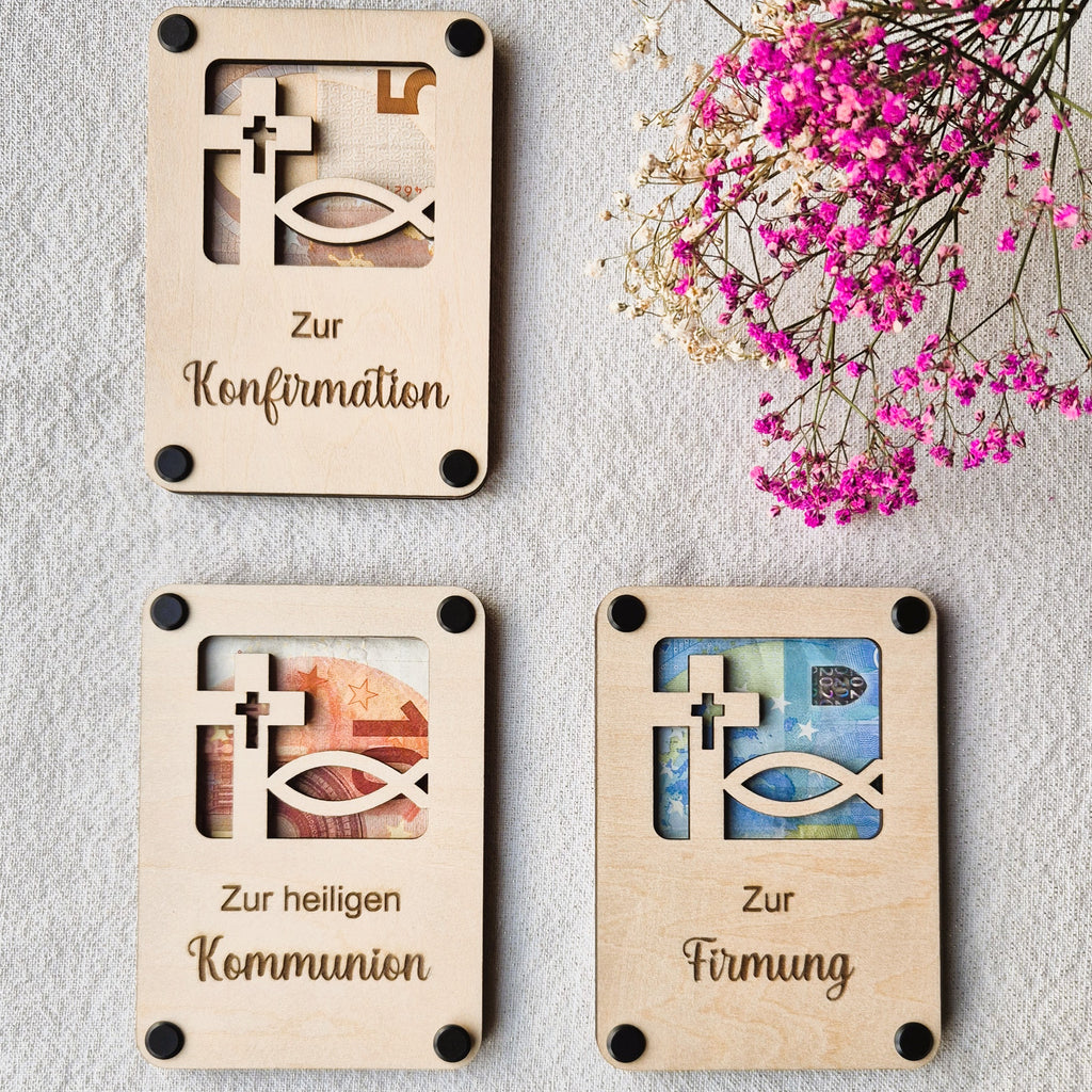 Geldgeschenkverpackung aus Holz – Kommunion, Firmung, Konfirmation