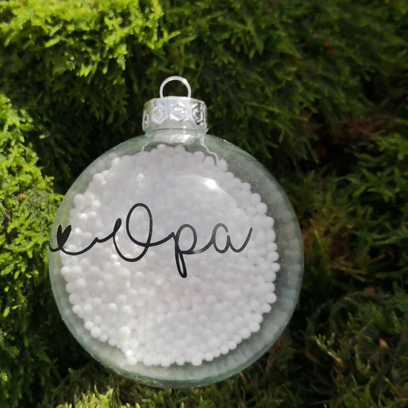 Christbaumkugel mit Namen und Schnee- oder Federfüllung
