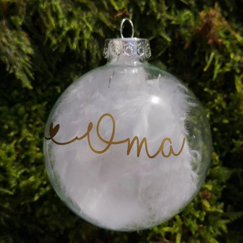 Christbaumkugel mit Namen und Schnee- oder Federfüllung