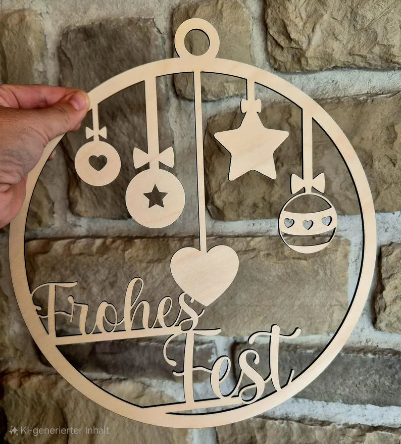 Türkranz mit Christbaumkugeln Frohes Fest aus Holz